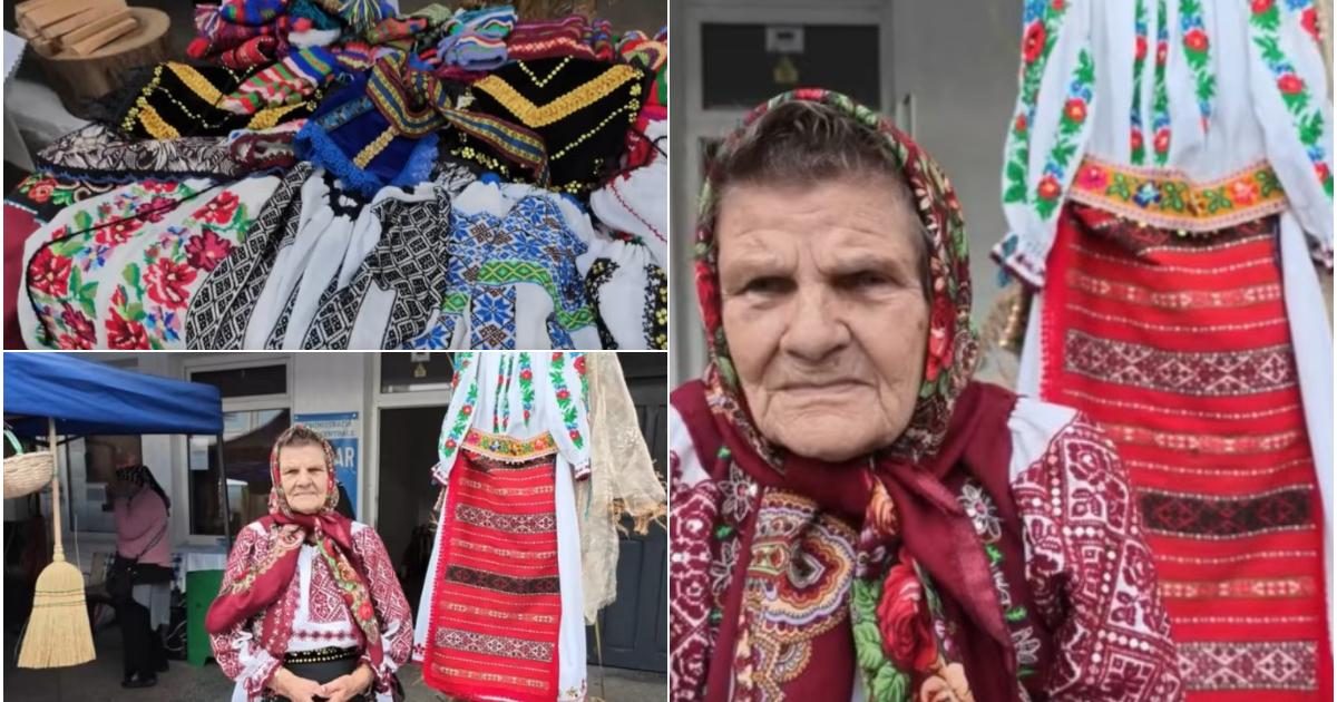 O femeie de 87 de ani din Gorj coase ii și costume populare pe care le vinde la piață. (Foto: Observator (Antena 1))