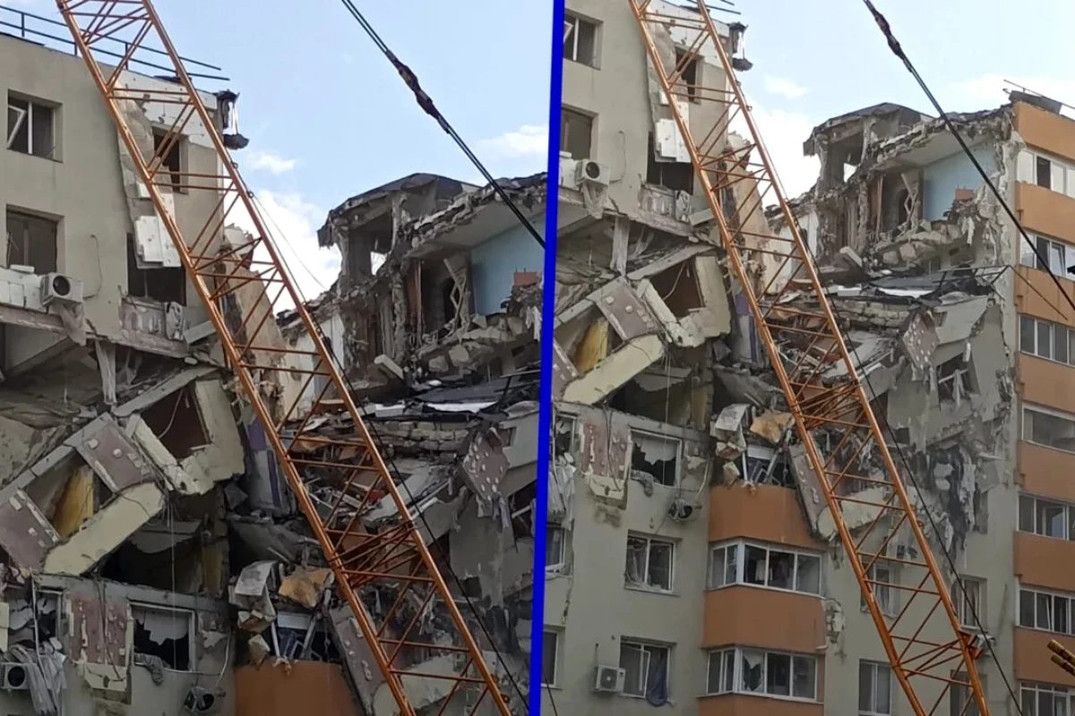 O macara a fost implicată într-un incident la demolarea blocului avariat din Rahova (Foto: Realitatea)