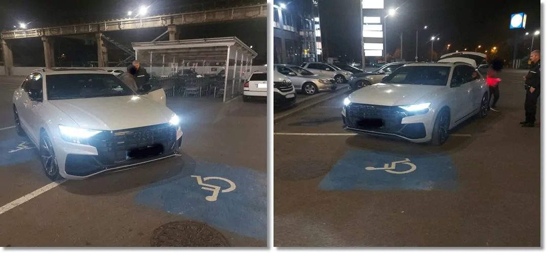 Șofer amendat cu 2.000 de lei pentru ocuparea a două locuri pentru persoane cu dizabilități (Foto: Opinia Timișoarei)